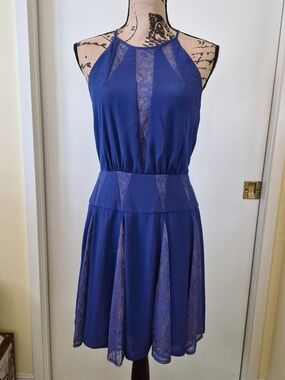 BCBGMaxAzria Royal Blue Halter Lace Inset Mini Dress